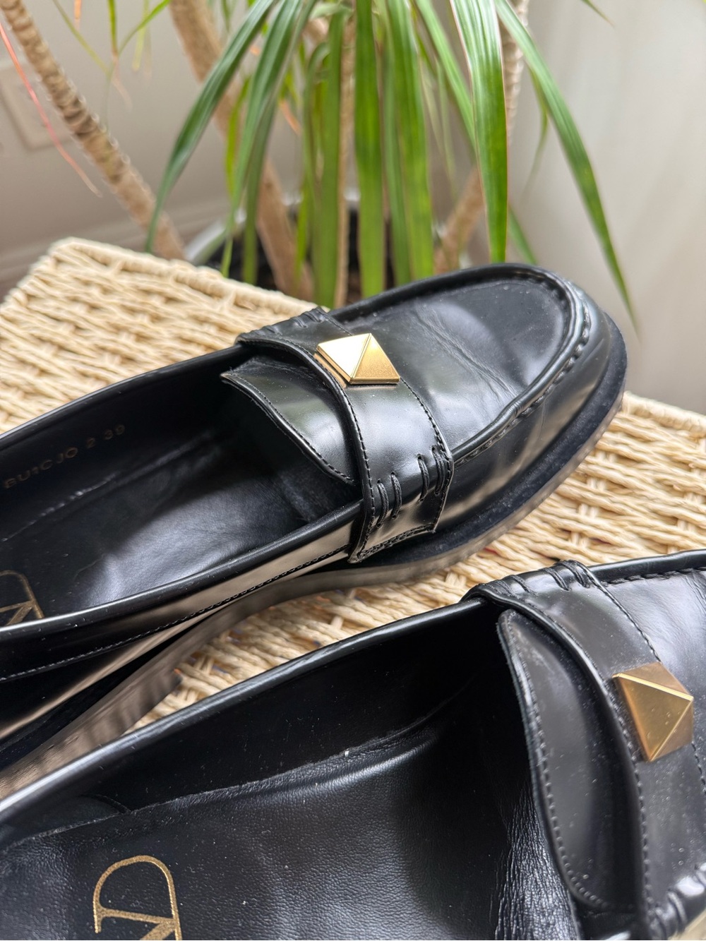 Valentino Garavani Black Leather Loafers with Gold Pyramid Stud - Picture 9 of 9